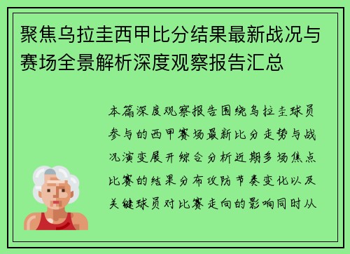 聚焦乌拉圭西甲比分结果最新战况与赛场全景解析深度观察报告汇总